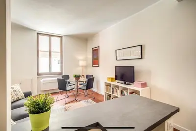 a living room with a couch a table and a tv at Coliseum cozy flat in Rome