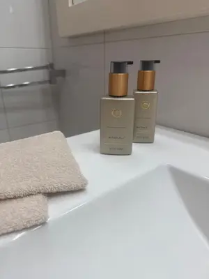 two bottles ofodorizers sitting on a counter in a bathroom at Giosephine House in Rome