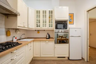 a kitchen with white cabinets and a white refrigerator at Appartamento con terrazza vicino S Pietro in Rome