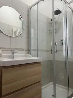 a bathroom with a sink and a shower at Casina dei Gemelli in Rome