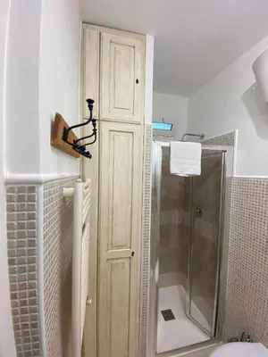 a bathroom with a shower and a wooden door at Terracehome71 - Apartment with relaxing terrace near Vatican in Rome
