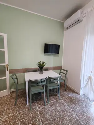 a dining room with a table and chairs and a tv at San Pietro Green Home in Rome