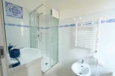 a white bathroom with a shower and a sink at B&B ErinaHouse in Rome
