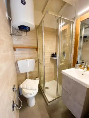 a bathroom with a shower and a toilet and a sink at The Artful Flat in Rome