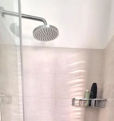 a shower with a shower head in a bathroom at Caffarella Garden and Park Apartment in Rome