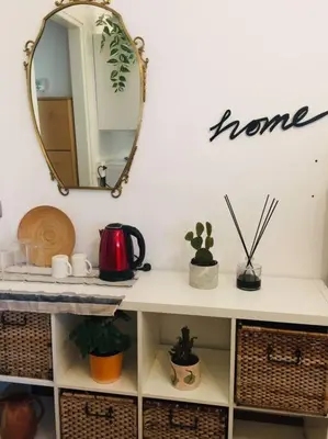 a mirror on a wall above a shelf with plants at La Casetta di Roma in Rome