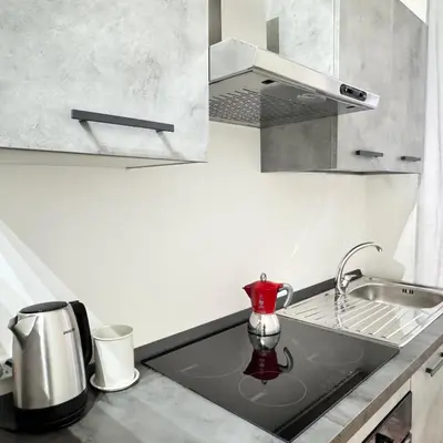 a kitchen sink with a red vase on the counter at Angelico Home in Rome