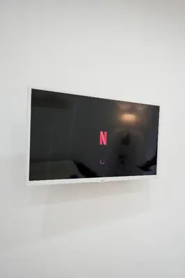 a flat screen tv with the n on it at Camelia's Garden in Rome