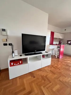a living room with a television on a white entertainment center at Premium Apartment Papillo in Rome