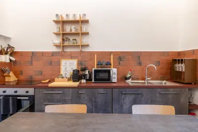 a kitchen with a counter with a sink and a microwave at Cesare Balbo - B&D Apts in Rome