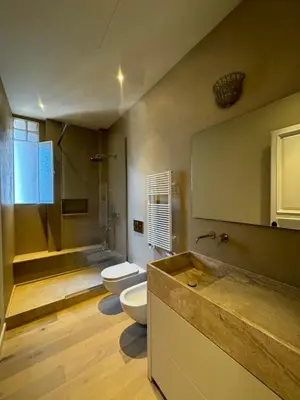 a bathroom with a toilet and a sink and a shower at Elegante appartamento con terrazzo in Rome