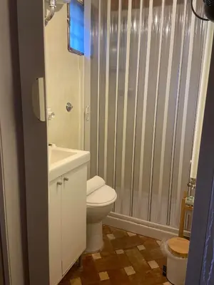 a white bathroom with a toilet and a shower at little house in trastevere in Rome