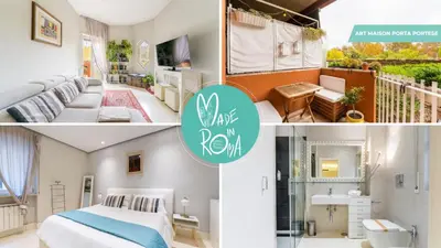 a collage of photos of a bedroom and a bathroom at Art Maison Porta Portese, 10 min from Trastevere in Rome