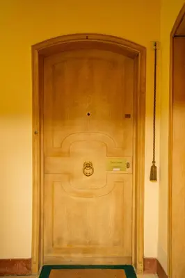 a wooden door in a room with a green rug at Ficus Corner - Vatican in Rome