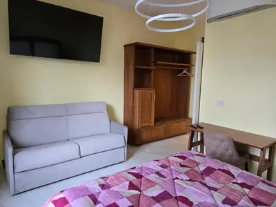 a living room with a couch and a tv at BeB Domus Arbenzio San Giovanni Suite in Rome