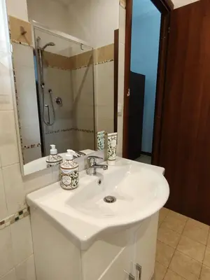 a bathroom with a white sink and a mirror at Vatican Home Borgo Pio II in Rome