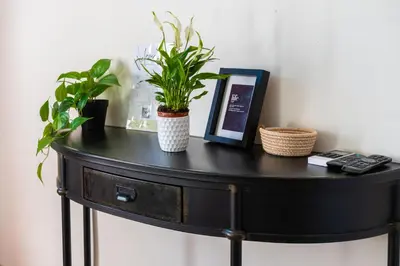 a black table with plants and a picture on it at Central Rooms - Vatican in Rome