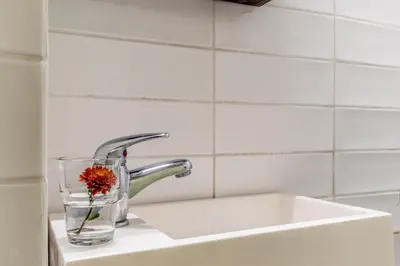 a glass vase with a flower in it sitting on a sink at The ancient volute guest house in Rome