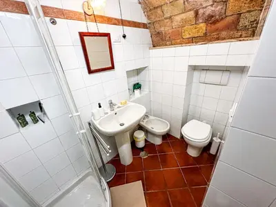 a bathroom with a sink and a toilet and a shower at Alloggio Turistico al Villino del Melograno in Rome