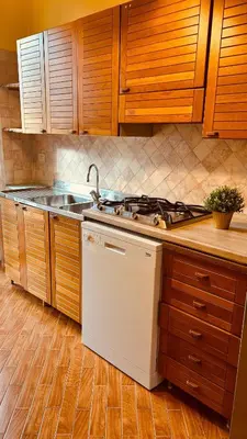 a kitchen with a stove and a sink and wooden cabinets at Pamphili Apartment in Rome