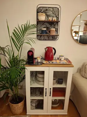 a white cabinet with dishes on it next to a plant at Casa Aurelia 641 in Rome