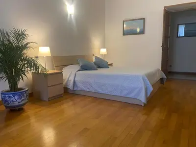 a bedroom with a bed and a potted plant at La Pianista sull'oceano in Rome