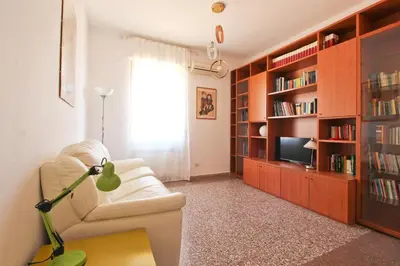 a living room with a couch and a tv and book shelves at Julia Apartment in Rome