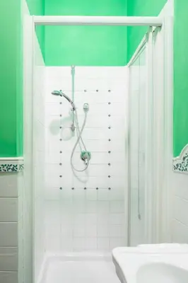 a green bathroom with a shower and a sink at Tomas' house Clodio in Rome