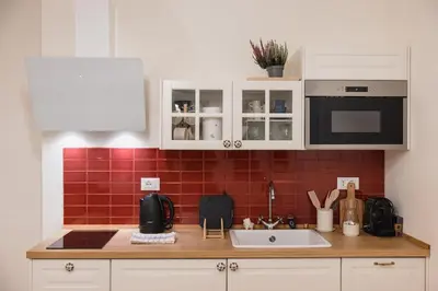a kitchen with a sink and red tile at Trionfale Home in Rome