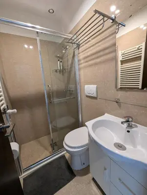a bathroom with a shower and a toilet and a sink at Roomz Romestay in Rome