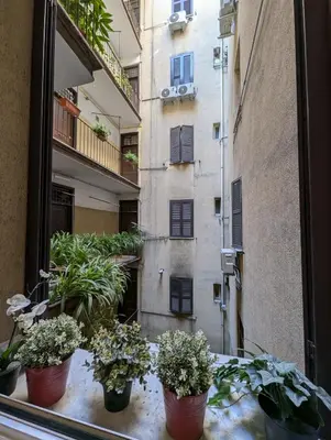 a window with a bunch of potted plants on a table at Roomz Romestay in Rome