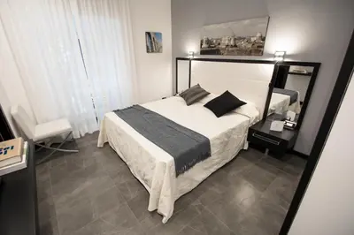 a bedroom with a large bed with a black and white blanket at Capital Suite in Rome