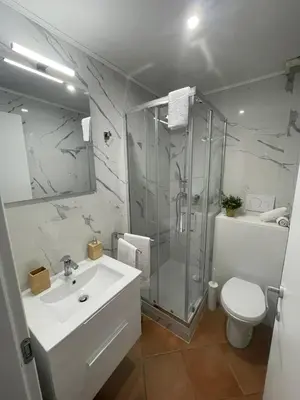 a bathroom with a shower and a sink and a toilet at Appartamento Monteverde in Rome