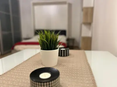 a plant in a white pot sitting on a table at Loft Trastevere in Rome