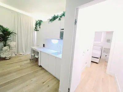 a white kitchen with a sink and a counter at B89 Luxury Gallery House Piazza Di Spagna in Rome
