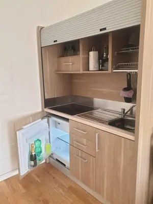 a kitchen with an open refrigerator and a sink at Rienzo Apartment near Vatican in Rome