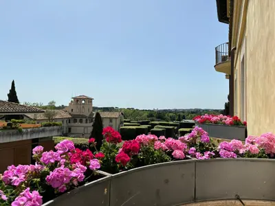 a bunch of pink flowers on a balcony at Moon Cove, Villa Borghese Prestige Hideaway Rome in Rome