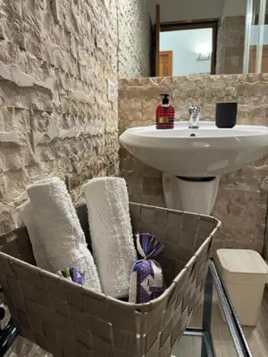 a basket with towels and a sink in a bathroom at Mila House in Rome