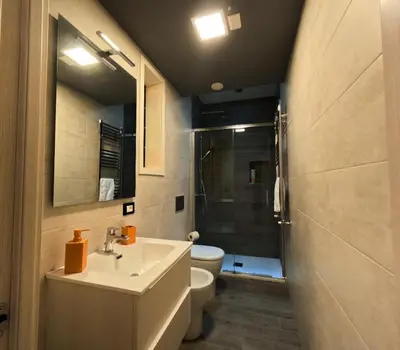 a bathroom with a sink and a toilet and a shower at Appartamento Appia metro A Colli Albani in Rome