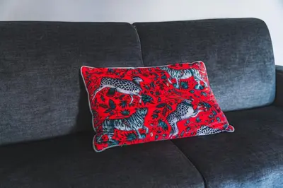a red pillow sitting on a gray couch at Vatican's bijoux in Rome