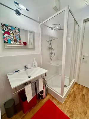 a white bathroom with a shower and a sink at Ao Apartment in Rome