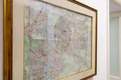 a drawing of a map in a frame at Br1tannia 36 in Rome