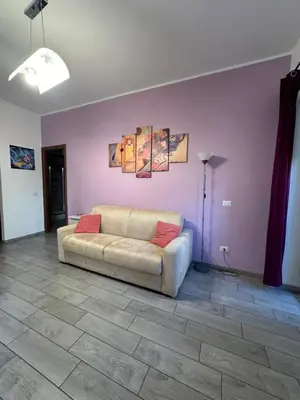 a living room with a couch and a purple wall at Lovely flat next to vatican - private entrance in Rome