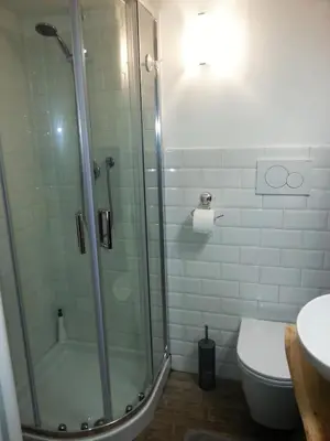 a bathroom with a shower and a toilet and a sink at Bright and cosy appartament near the city center in Rome