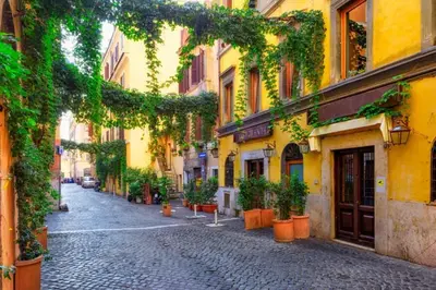 a cobblestone street with plants on the sides of buildings at Intero appartamento Marconi in Rome