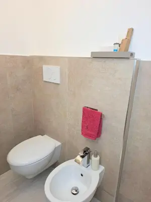 a bathroom with a white toilet and a sink at Appartamento Aurelio in Rome