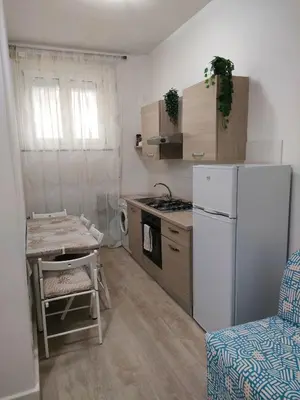 a small kitchen with a white refrigerator and a table at Casa Flegrei in Rome