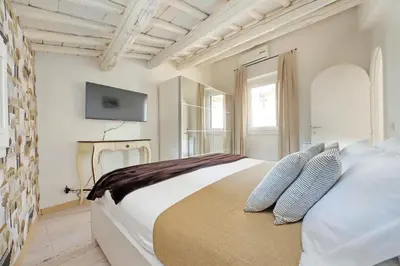 a bedroom with a large bed and a tv at Colosseo Attico Particolare Terrazza Panoramica in Rome