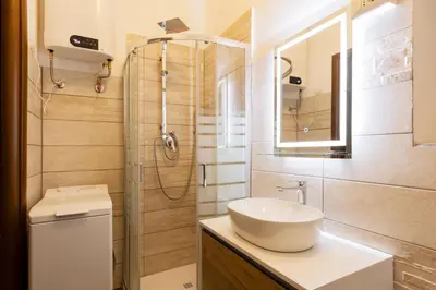 a bathroom with a sink and a shower at Alma Musa Piazza Bologna Apartment in Rome