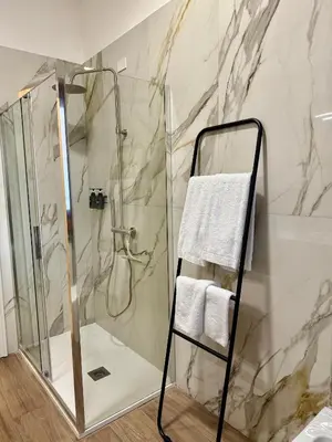 a bathroom with a shower and a towel rack at SarHome in Rome